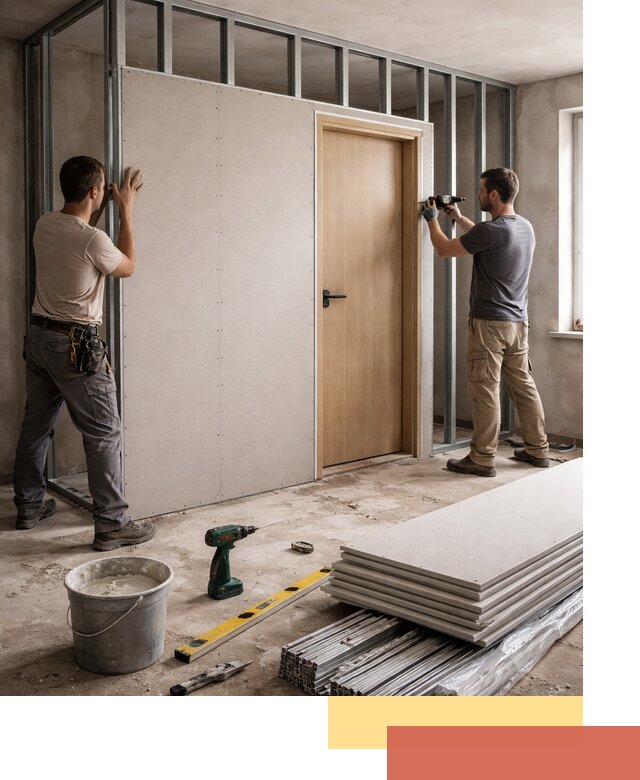 Перегородка из гипсокартона с дверью под ключ в Петропавловске-Камчатском